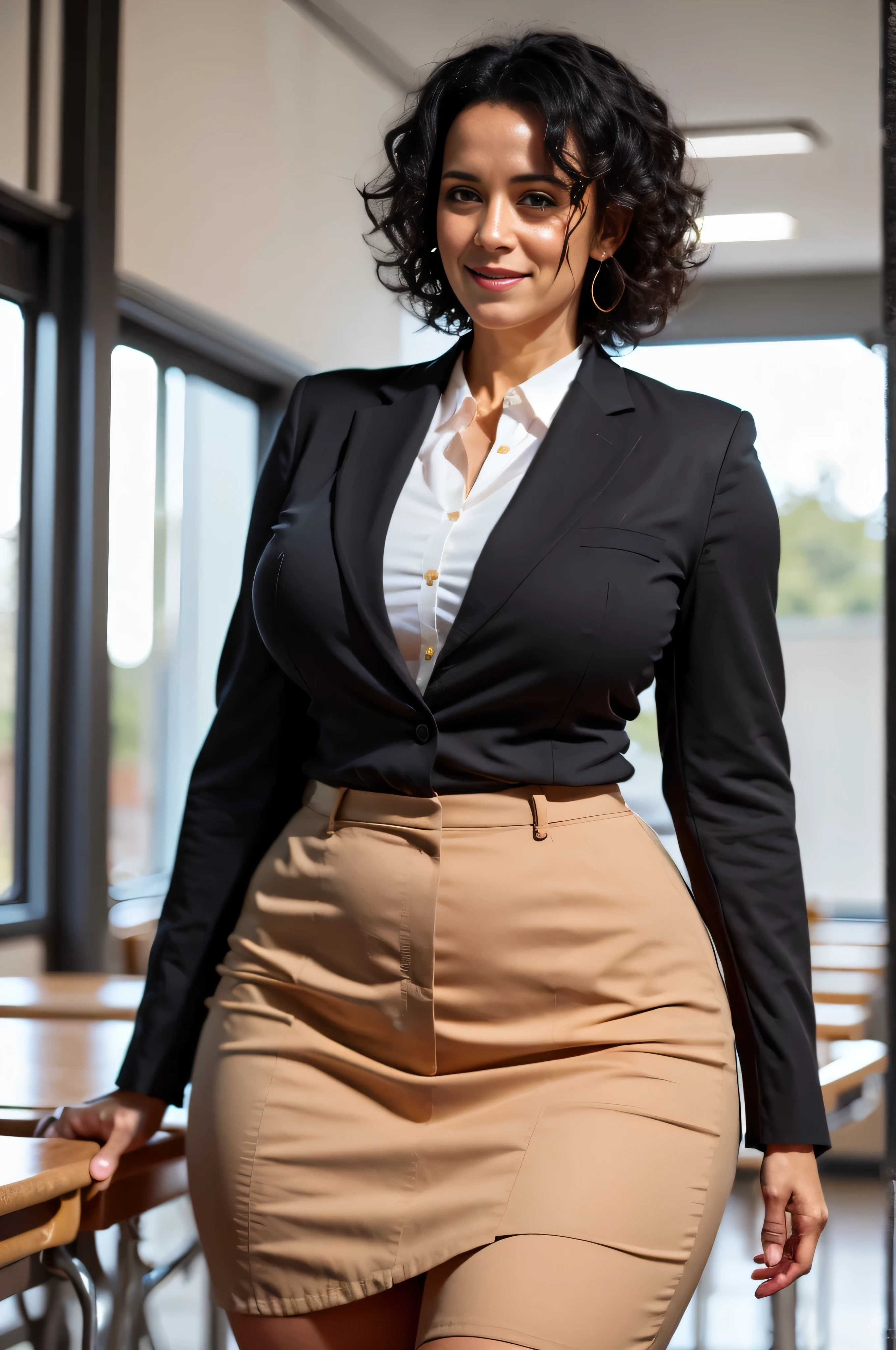 Portrait of a 40 year old woman with short curly black hair, body, Mature teacher in the classroom, Sexy smile, 8k, Detailed Background, Surreal, realism, School classroom, Browsing Caution, High Neck Teacher Uniform, Teacher suit, skirt, showing whole body, whole body, big , Perfect breasts, View the viewer from above, Expressionless, Soft lighting, Extremely detailed, Long Hair, front,