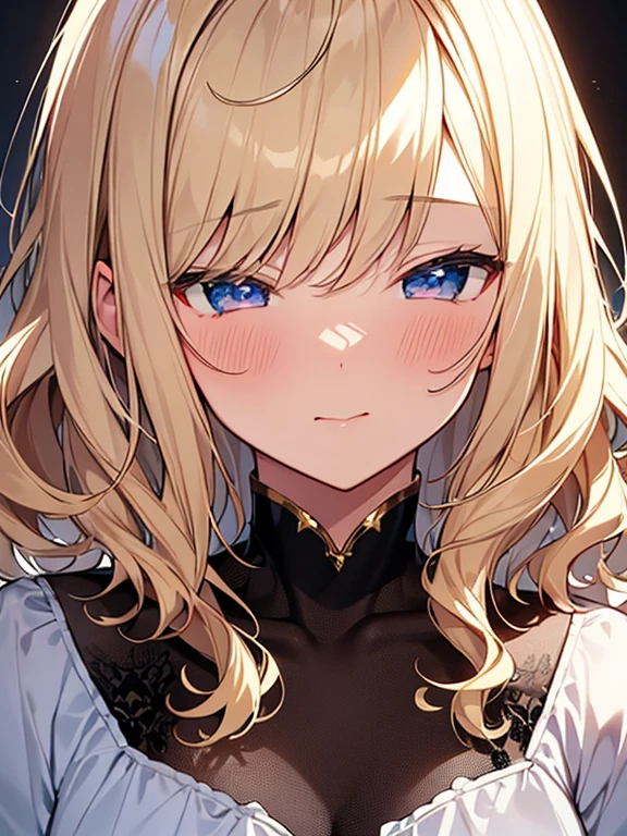 Tabletop, highest quality,figure, wallpaper, Super detailed, Absurd beauty、(1 beautiful girl、Blonde、Medium Hair、Wavy Hair)、(((Face when kissing)))、Close your eyes、blush、Shyness