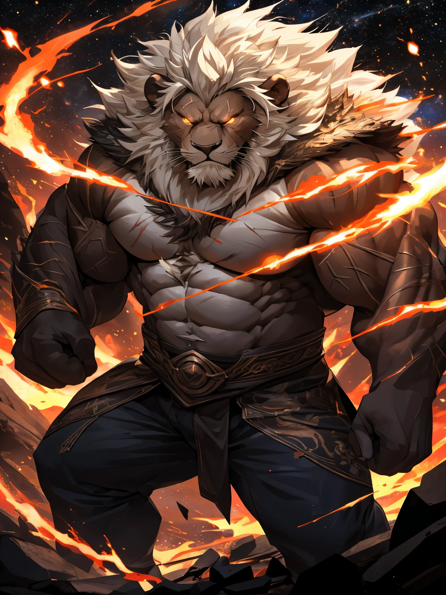 (best quality,4k,8k,highres,masterpiece:1.2),ultra-detailed,realistic:1.37,solo,1boy,Huge Muscular Old man( furry lion),angry,VFX light particles, pectoral,huge pectoral,wide pectoral,short white hair,bearded,dark background,intense expression,dynamic pose,epic battle scene,glowing eyes,dark side energy,dramatic lighting,dramatic shadows,intense color contrast,intense muscle definition,battle scars,fierce determination,aged warrior-like appearance,dramatic visual effects,intense energy release,fiery aura,iconic starry galaxy backdrop.