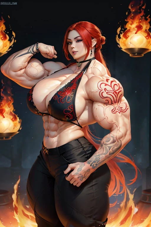 ((((Massive tall, beautiful, buff, pale white skinned muscular asian woman with red hair, tattooed body adorned with intricate designs, ginormous bulky muscles, and wearing a beautiful silk black halter top with black pants)))), ((close view)), massive muscle, massive biceps, hyper muscle shoulders, ((massive muscle arms)) vascular shoulders, hyper muscle triceps, (long hair), yellow eyes, ((tattooed body adorned with intricate designs)), choker, (pants), high heel boots, (surrounded by crimson fire and flames), confident smile, night, hyper vascular arm, hyper muscles arms, hyper muscle legs, (massive arms).