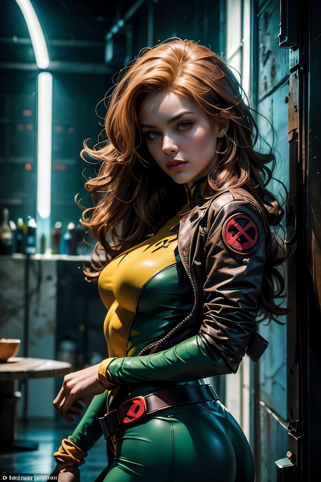 Create a semi-realistic, anime-inspired portrait of Rogue from the X-Men. Rogue is a strong and confident mutant with striking features. She has long, flowing auburn hair with a white streak, which is a prominent characteristic. Her eyes are intense and green, reflecting her determination and inner strength. She wears her iconic green and yellow bodysuit, which hugs her figure, showcasing her athletic build. Rogue's expression is serious yet captivating, conveying her complexity as a character. Ensure the portrait captures her essence as a powerful and enigmatic mutant while infusing it with the vibrant style of anime artwork, ass