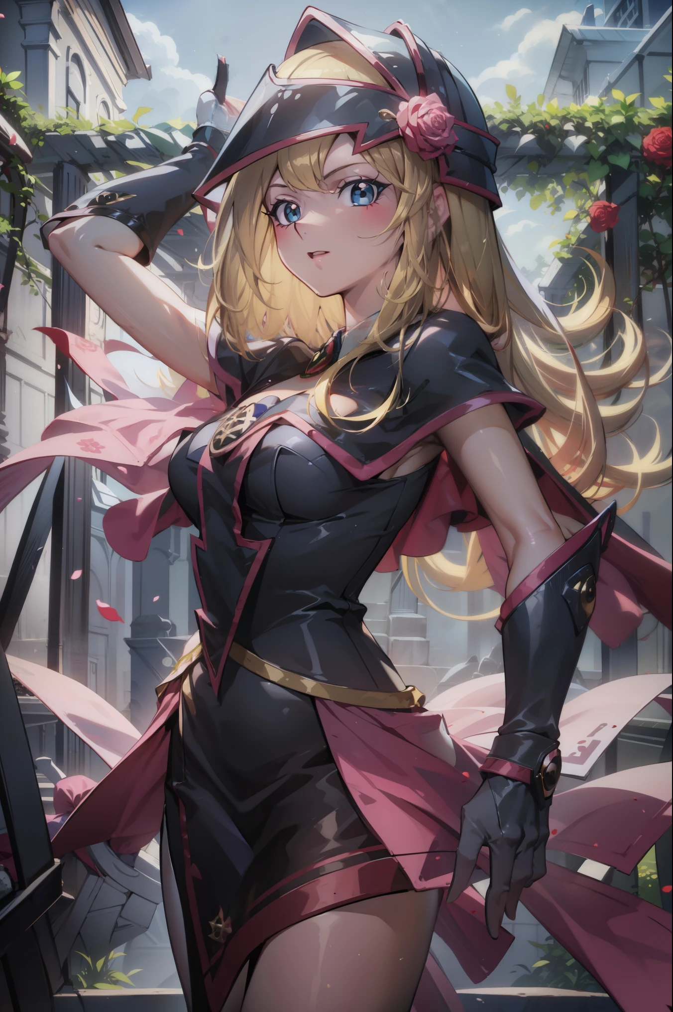 Hermosa dark magician gils. Joven con cabello corto y rubia. Ojos verdes. Labios rosados. She is in a garden of red roses. Rosas rojas la rodean. Pose y inocente. Fondo de rosas rojas y lluvia