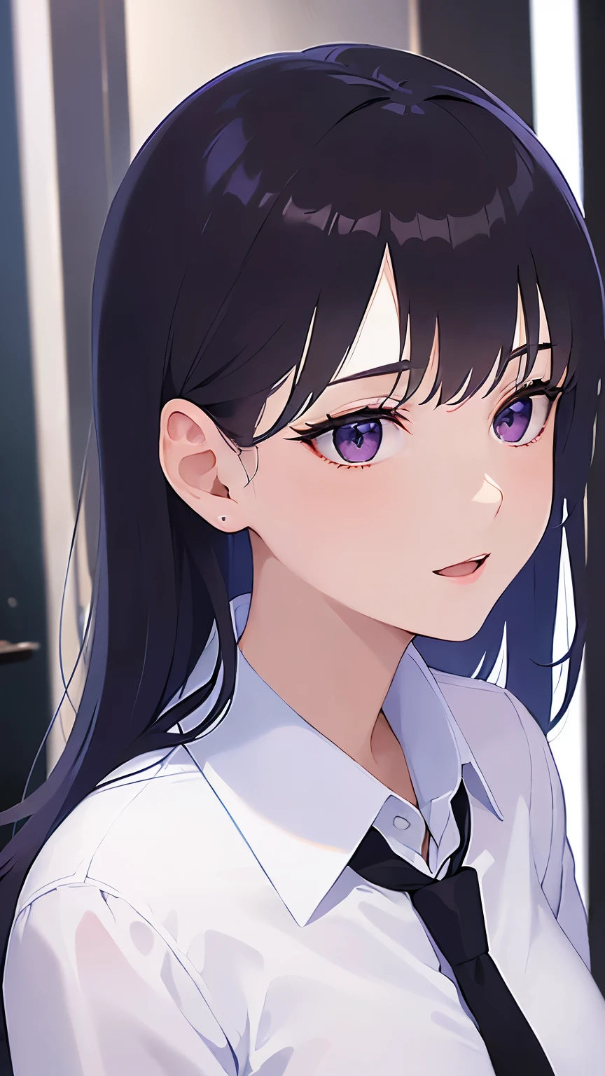 side angle, (looking away:1.5), Real person, (Pale skin: 1.2), RAW Photos, Realistic, Portrait Photography, Shiny skin, Shiny Hair、(A 25-year-old woman with straight hair and bangs) and (medium hair) and (black hair) and (purple eyes) , (business suit:1.5) and(White collared shirt), smile, open mouth, The background is an office hallway、