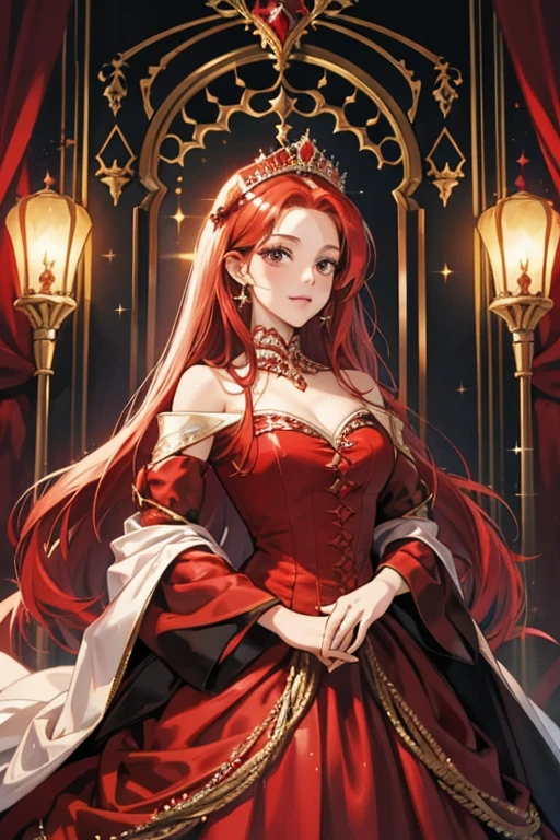 Queen Amena has red hair and wears a tiara, a royal red gown with a black and white stripe dress. SPARKLE; GLITTER
