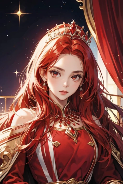 Queen Amena has red hair and wears a tiara, a royal red gown with a black and white stripe dress. SPARKLE; GLITTER