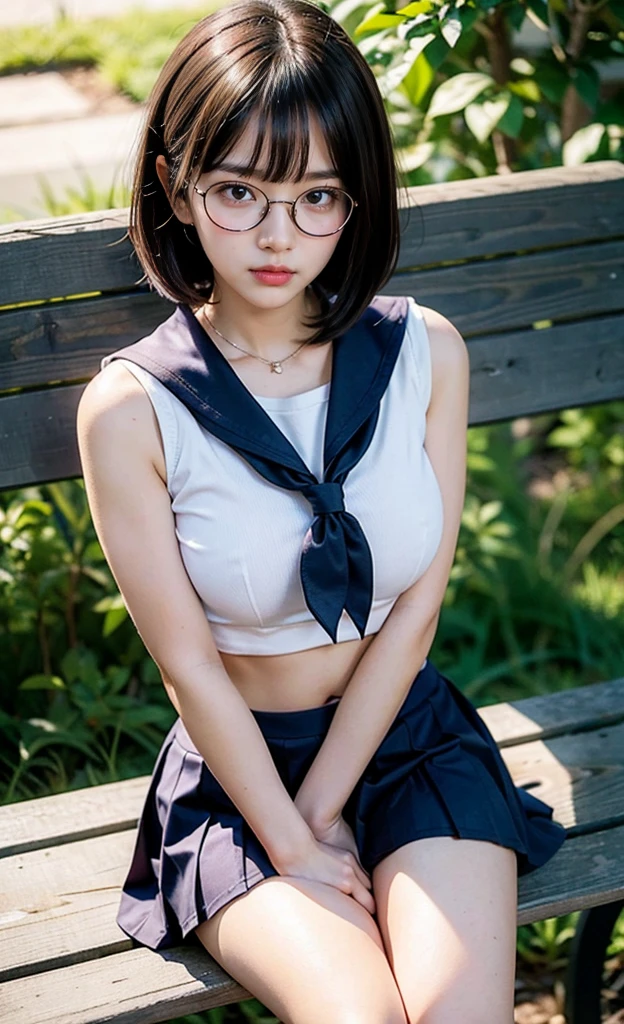 realistic, 1girl, eye glasses, shy, blushes, sitting on bench, abandoned school, sunset, dark skies, bob hair, hair bangs, white crop top sailor uniform, sleeveless crop top sailor uniform, cleavage, big bust, tummies, short skirt, tights, knees,
