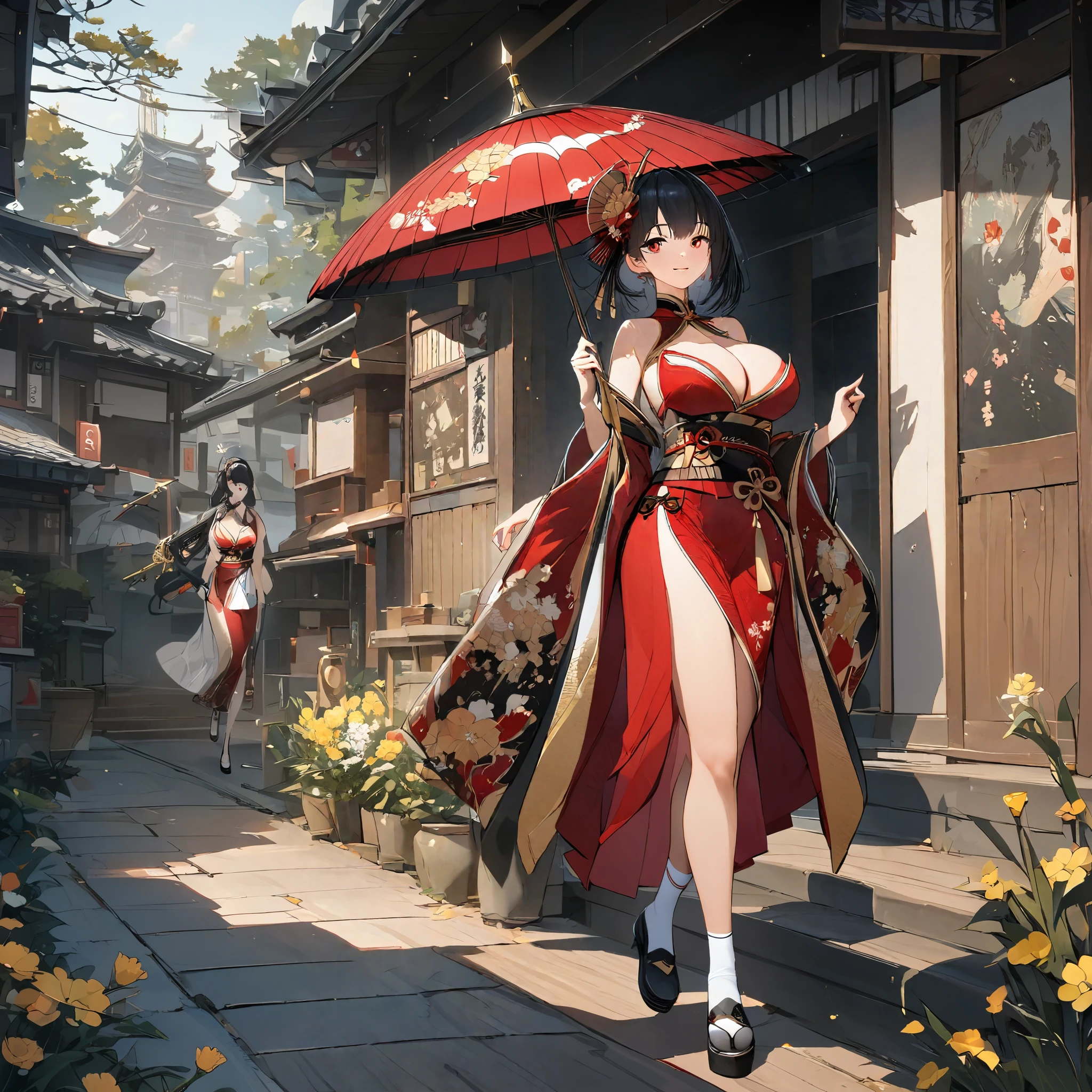 A woman wearing a red geisha outfit with drawings of yellow flowers, golden accessories in her hair, long black hair, red eyes, smiling, holding the handle of a traditional parasol (open umbrella above the head), large breasts, white socks, black shoes wood, walking on a wooden sidewalk. concrete in a traditional Japanese neighborhood, sakura in some parts, entire body. HD, bloom, very detailed, well defined, ultra resolution, surrealism,
