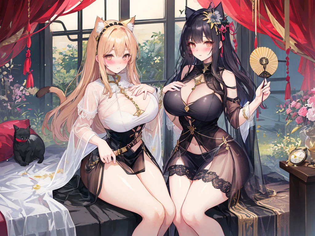 Two big woman,Beautiful woman,Cat,Magical girl,(Double),Western Fantasy,Lace Eye Mask,(Transparent tops),((See-through clothes)),Exquisite,Showing lower chest,Cleavage,Slim waist,Slender long legs,(blush:1.2),Sitting,Fan meetup,