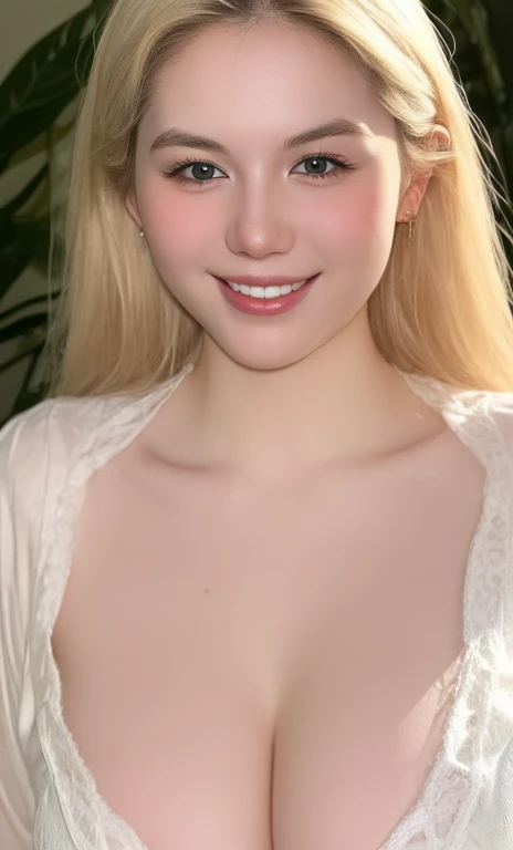 (realistic、masterpiece、Best Quality、8K、highres、white background, high resolution:1.3)、1 chubby girl:1.3)、(smile,show teeth), ((((very very gigantic sagging breasts:1.3))))、looking at viewers, black lace bikini、pale white skin、very blond hair ,very pale skin, extremely pale blonde hair, ivory pale skin, very white skin, pale skin, very pale white skin, very pale white skin,white skin and pale porcelain, white and pale skin, fair and pale skin!!, long blonde hair, looking at viewers、super fine face and eyes、long blonde hair、 ((full breasts:1.3)), indoor、 upper body、