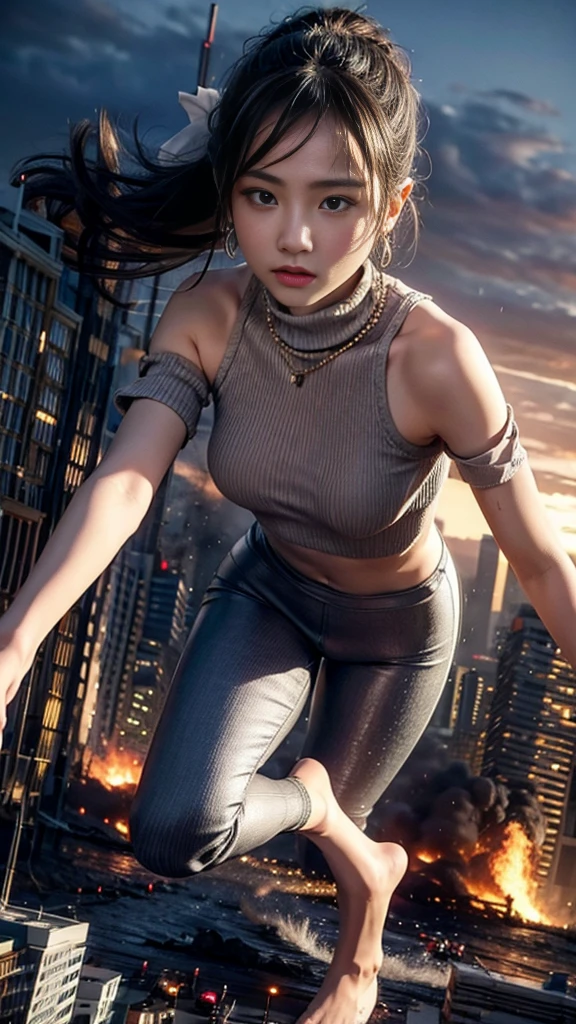 (32k, High resolution, highest quality, masterpiece, 超High resolution), (((Giantess Elements, Typhoon heavy rain))), From above, Perfect dynamic composition:1.2, (Modern city at night, Expressions of sadness:0.7), Highly detailed skin and facial textures:1.2, ((Towering Giant Young Woman:1.0, Higher than skyscrapers:1.0, 65,000 feet high:1.0, Incredibly slim body:1.0)), Fair skin, Sexy beauty, Very beautiful face, , Water droplets on the skin, (The rain drips down on my body:0.5, Wet body:0.5, Wet Hair:0.5), (Wet linen pants:1.0, Wet turtleneck sweater:1.0), Shapely breasts, Chest gap, Big eyes that exude beautiful eroticism, Lips that exude beautiful eroticism, necklace, Earrings, bracelet, wedding ring, Shoulder bag, clock, ribbon, High heels, Full body portrait, ((Destroy a small city, Burning Small Town, rubble, Destroyed small building, Collapsed highway, Evacuated Residents)), ((Major impact, Emphasizing the majesty and power of giants, Increase the destructive element, Lower the building, Making cities smaller))