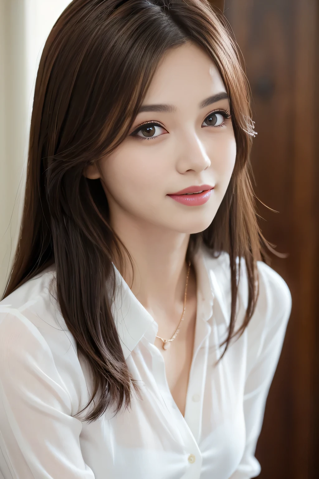 (RAW Photos), (Realistic), (masterpiece), (highest quality), High resolution, 8k, (Intricate details), (Volumetric Light), Portraiture, woman, Age 35, Medium Hair, Straight hair, , Accentuate your cleavage, Layered Hair, Brown Hair, Very beautiful eyes, Source order, Very thin eyebrows, Very fine skin, Very beautiful mouth, Very nice nose, Cute like an idol, smile, (Thick lips), (Looking at the audience), (White Collar Dress Shirt), Above the knee shot,