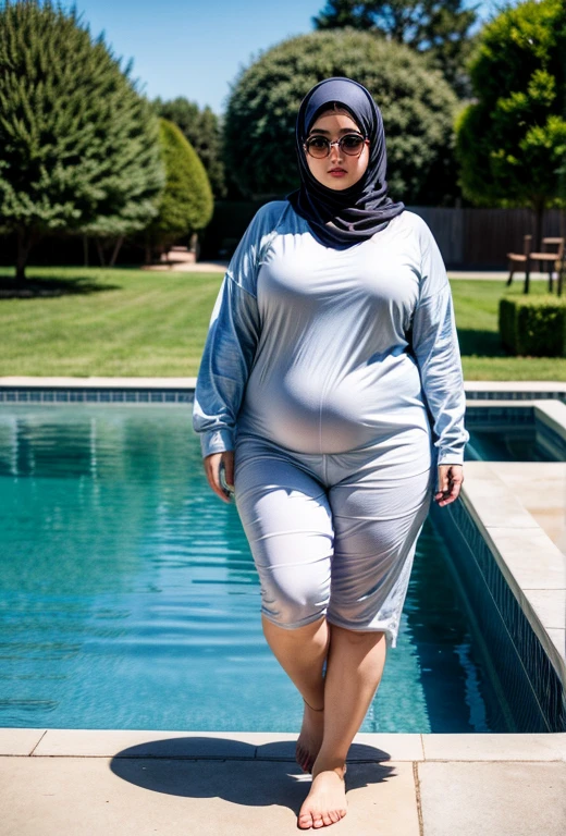 Obese hijab girl walking on the side of pool, realistic image, real skin texture, high res, masterpiece, detailed detail, look at the viewer, full body photo shoot