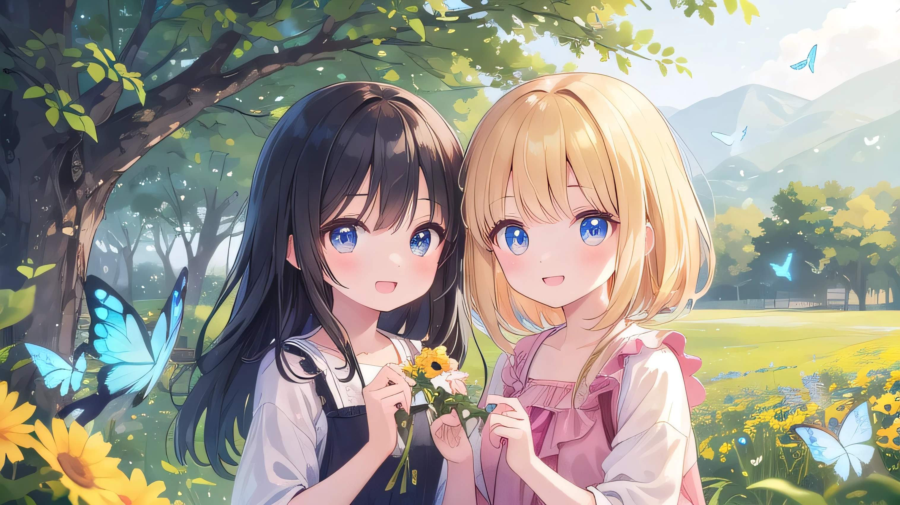 Two pure and innocent girls,()、(2 people)、Cute face、Beautiful Eyes、Odd Eye、Natural Beauty、Warm sunshine、Wildflowers swaying in the wind々Surrounded by、Enjoying time in the fields。Butterflies and birds flutter around her、Creates a playful atmosphere、fun、smile、