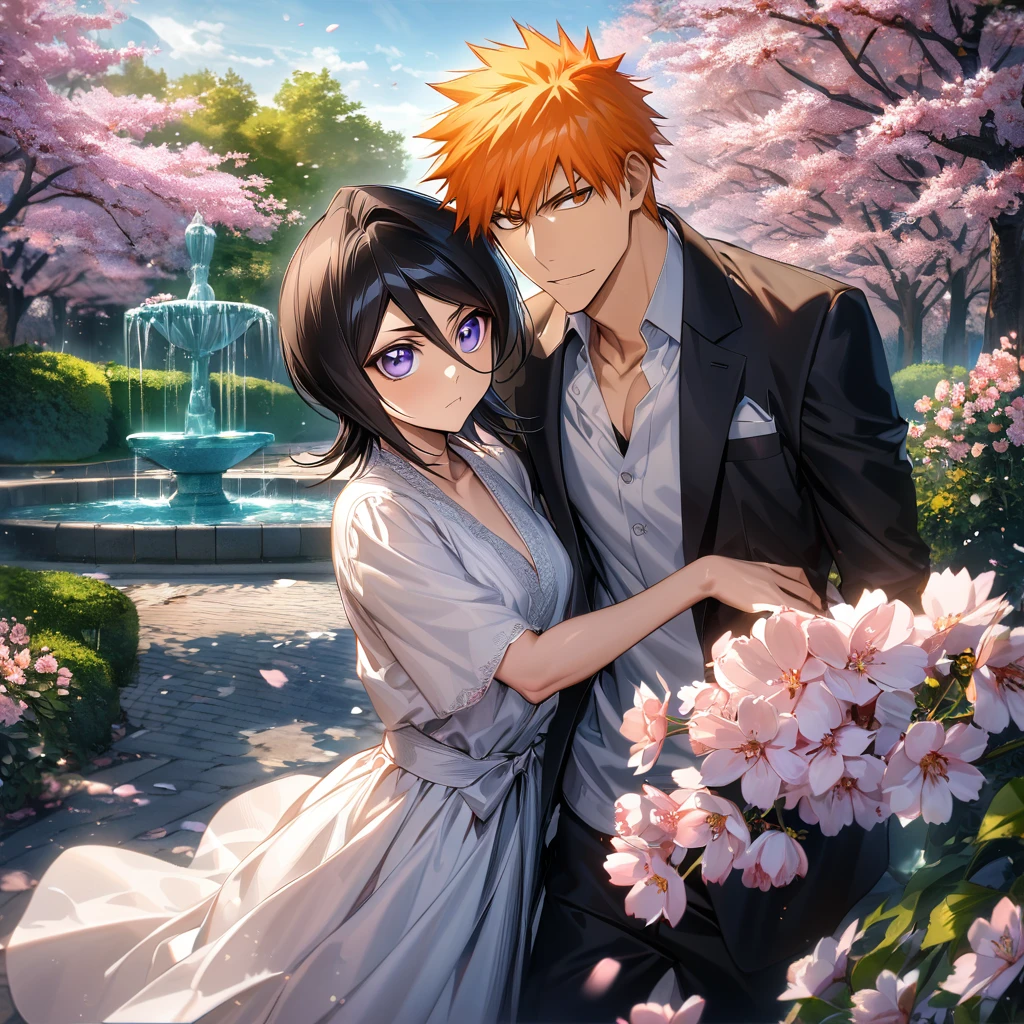 absurdres, highres, ultra detailed, HDR, master piece, best quality, extremely detailed face and eyes, Kurosaki Ichigo, orange hair, expressive brown eyes, Bleach, Kuchiki Rukia, black hair, short hair, expressive purple eyes, a handsome man together with a beautiful woman, couple, pink flowers, park, cherry blossom, fountain