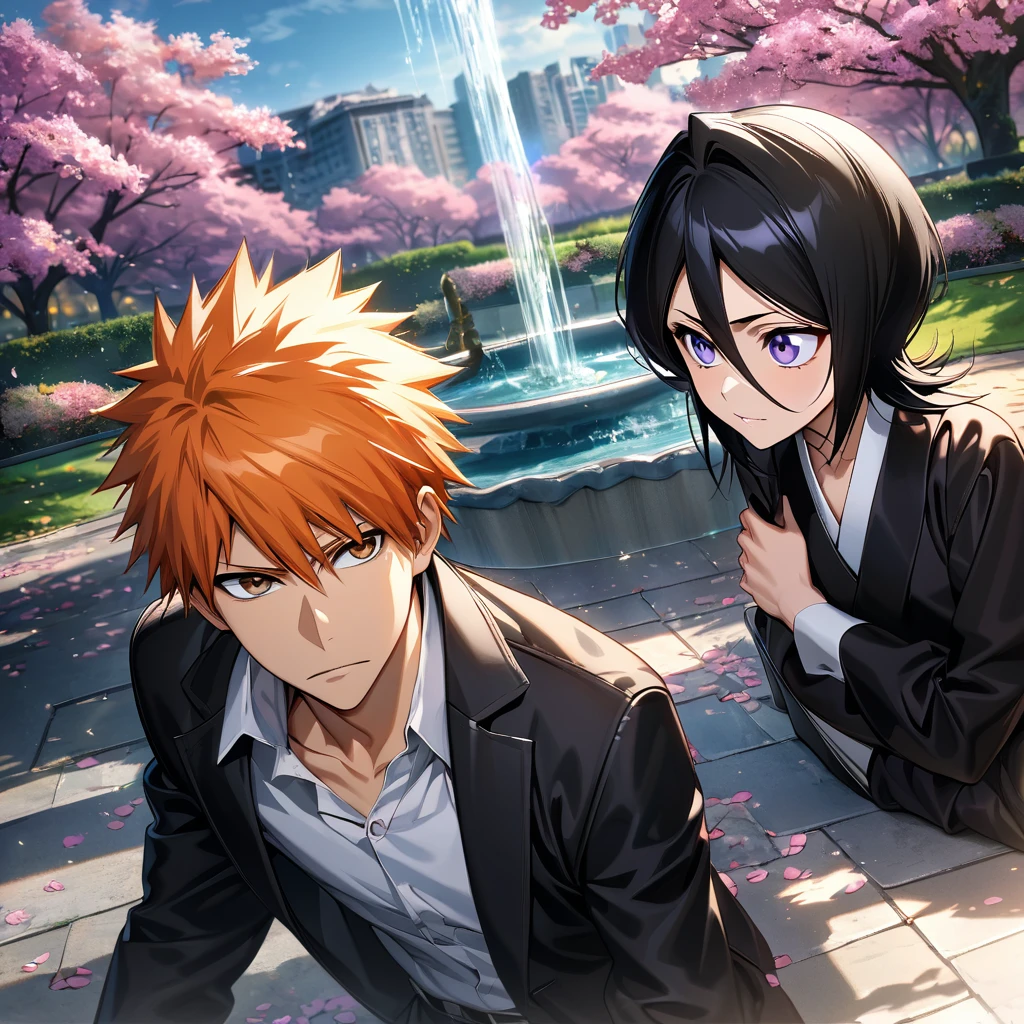 absurdres, highres, ultra detailed, HDR, master piece, best quality, extremely detailed face and eyes, Kurosaki Ichigo, orange hair, expressive brown eyes, Bleach, Kuchiki Rukia, black hair, short hair, expressive purple eyes, a handsome man together with a beautiful woman, couple, pink flowers, park, cherry blossom, fountain