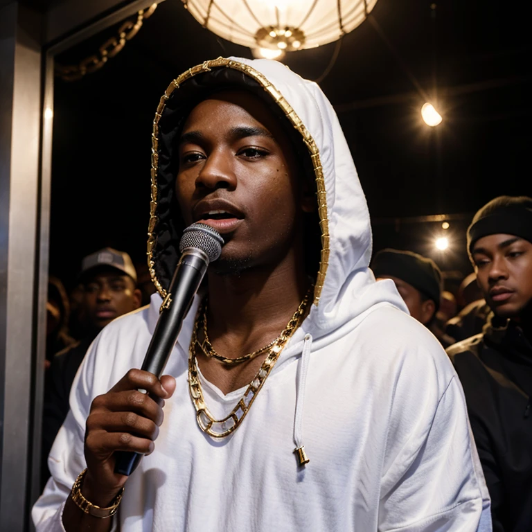 Young black man singing at the SHOW and many people watching, Several gold chains around his neck, White clothes with a hood on his head ,homem mascarado