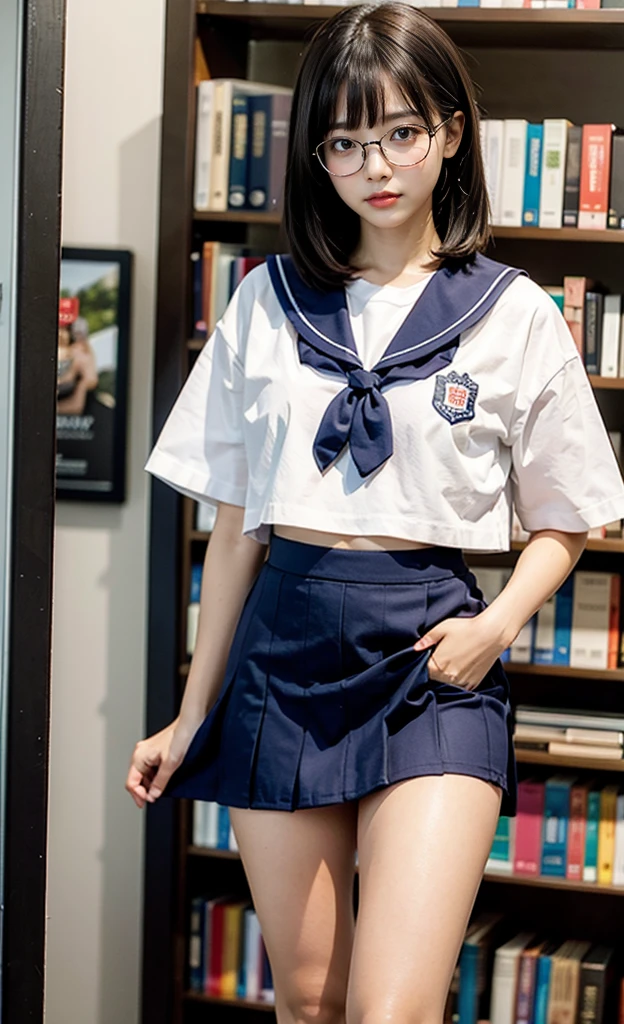 realistic, 1girl, eye glasses, shy, blushes, leaning on bookshelf, library, sunset, dark skies, bob hair, hair bangs, white crop top sailor uniform, big bust, tummies, short skirt, tights, knees,