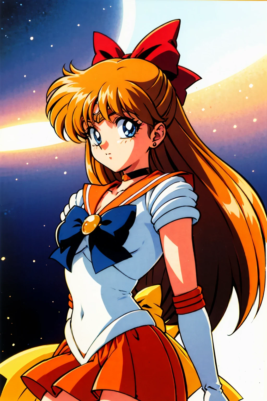 (masterpiece:1.3),(highest quality:1.4),(ultra detailed:1.5),High resolution,extremely detailed,unity 8k wallpaper,Official Art,Perfect Anatomy,(Anime screenshots:1.11),(90s Anime,90s Anime style,cell shaded anime:1.17),((solo:1.52)),
(1990s \(style\), retro artstyle:1.5),(1990s \(style\), retro artstyle:1.5),((sv1:1.52)), sailor senshi uniform, orange skirt, elbow gloves, tiara, orange sailor collar, red bow, orange choker, white gloves, jewelry