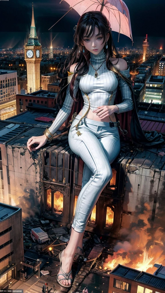 (32k, High resolution, highest quality, masterpiece, 超High resolution), (((Giantess Elements, Typhoon heavy rain))), From above, Perfect dynamic composition:1.2, (Modern city at night, Expressions of sadness:0.7), Highly detailed skin and facial textures:1.2, ((Towering Giant Young Woman:1.0, Higher than skyscrapers:1.0, 65,000 feet high:1.0, Incredibly slim body:1.0)), Fair skin, Sexy beauty, Very beautiful face, , Water droplets on the skin, (The rain drips down on my body:0.5, Wet body:0.5, Wet Hair:0.5), (Wet white linen pants:1.0, Wet pink turtleneck sweater:1.0), Shapely breasts, Chest gap, Big eyes that exude beautiful eroticism, Lips that exude beautiful eroticism, necklace, Earrings, bracelet, wedding ring, Shoulder bag, clock, ribbon, High heels, Full body portrait, ((Destroy a small city, Burning Small Town, rubble, Destroyed small building, Collapsed highway, Evacuated Residents)), ((Major impact, Emphasizing the majesty and power of giants, Increase the destructive element, Lower the building, Making cities smaller))