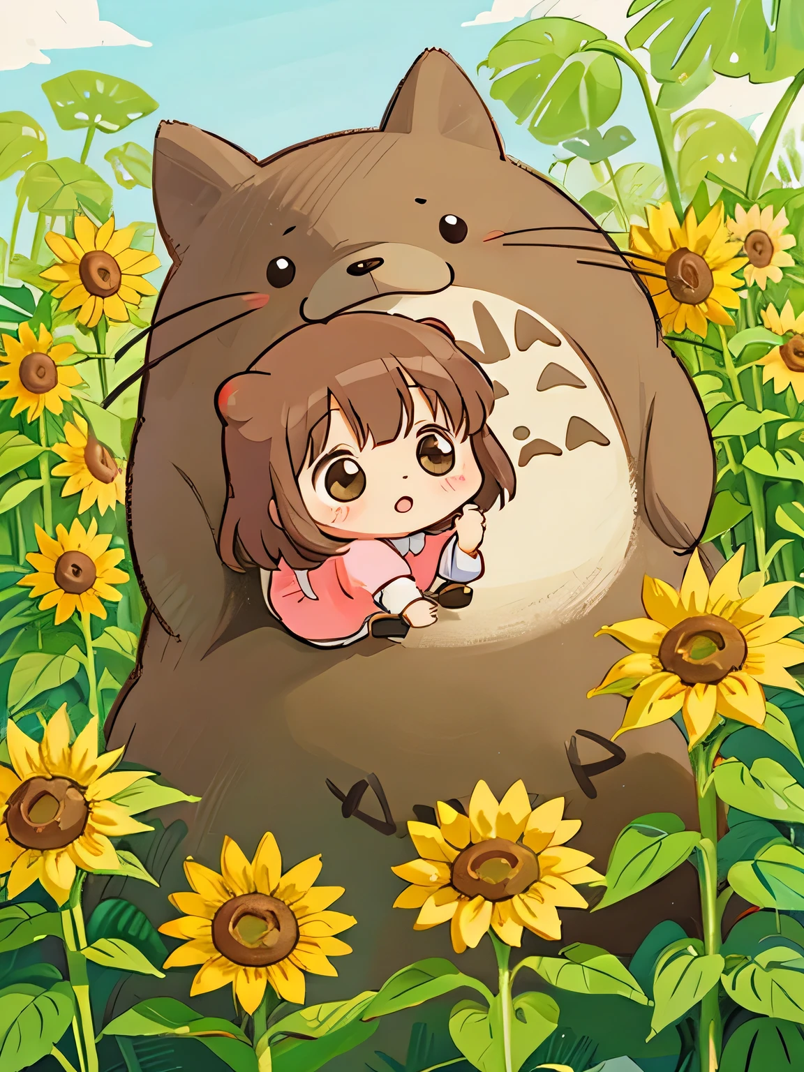 Momoko Sakura style, Kawaii Design, Chibi、Cute animals, funny, sunflower, Totoro Forest