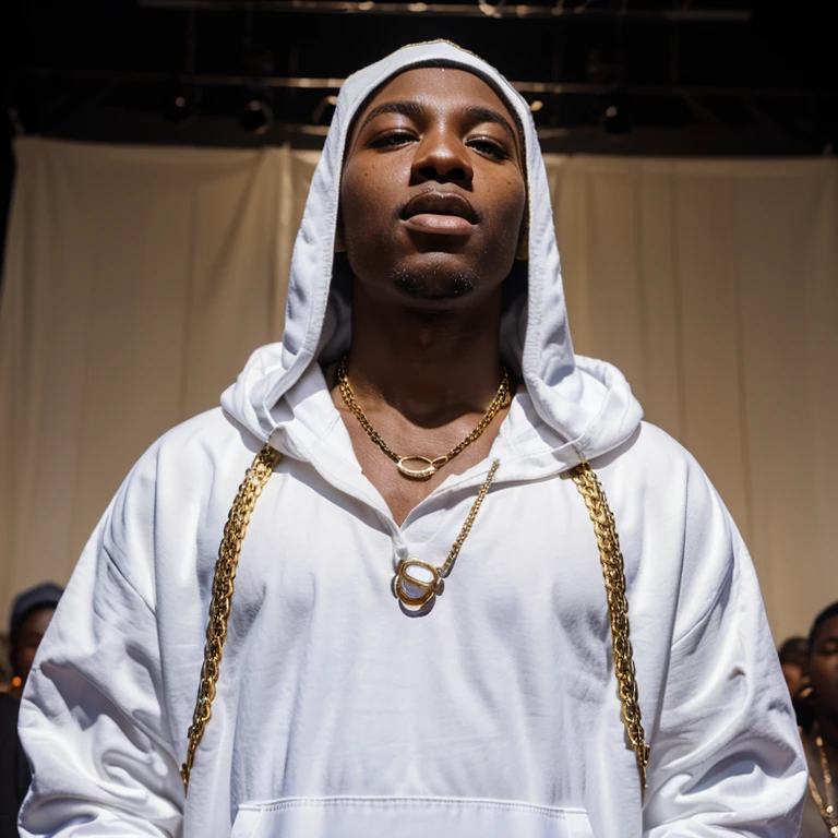 Young black man singing at the SHOW and many people watching, Several gold chains around his neck, White clothes with a hood on his head mascara no rosto