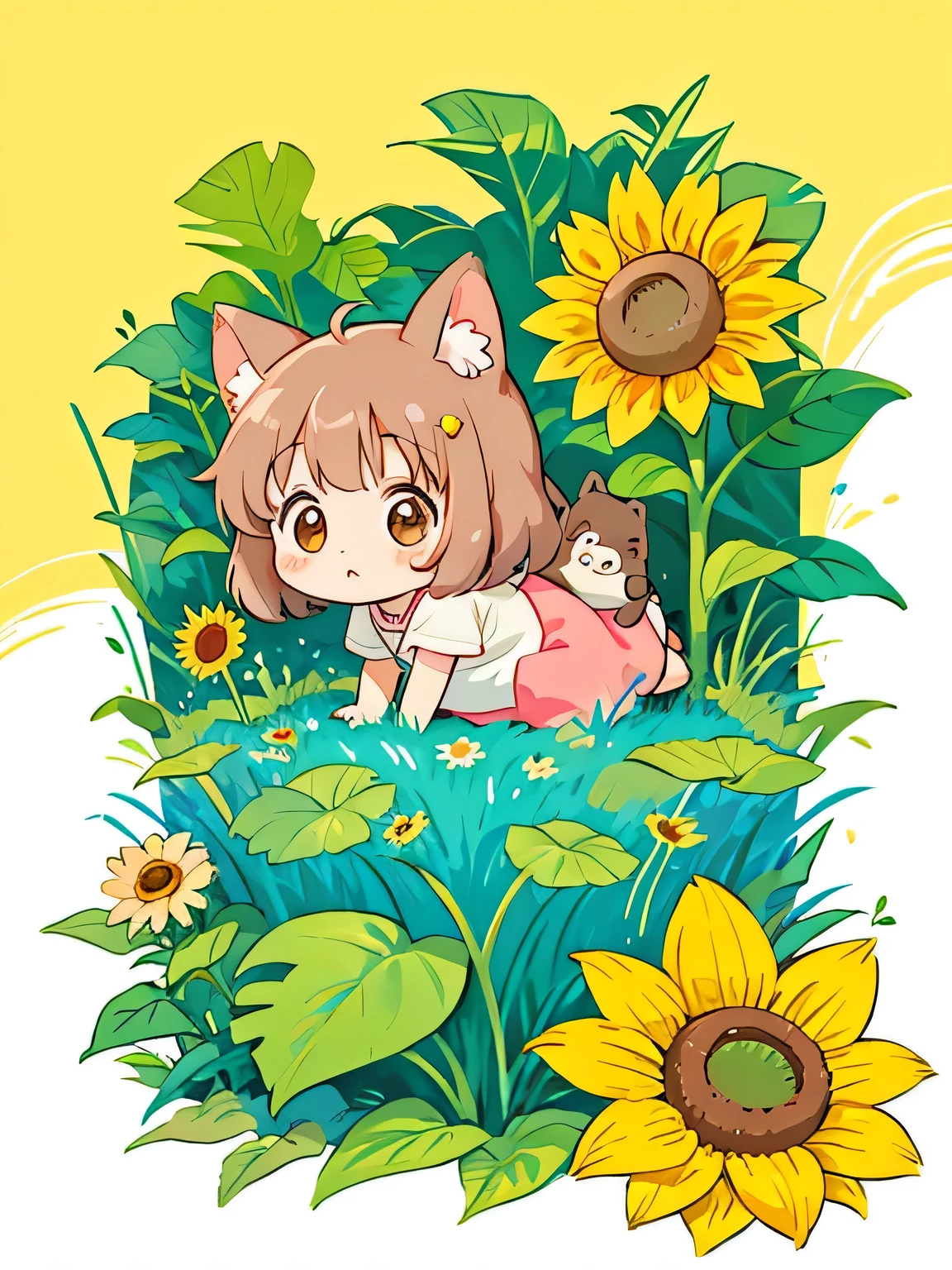 Momoko Sakura style, Kawaii Design, Chibi、Cute animals, funny, sunflower, Totoro Forest