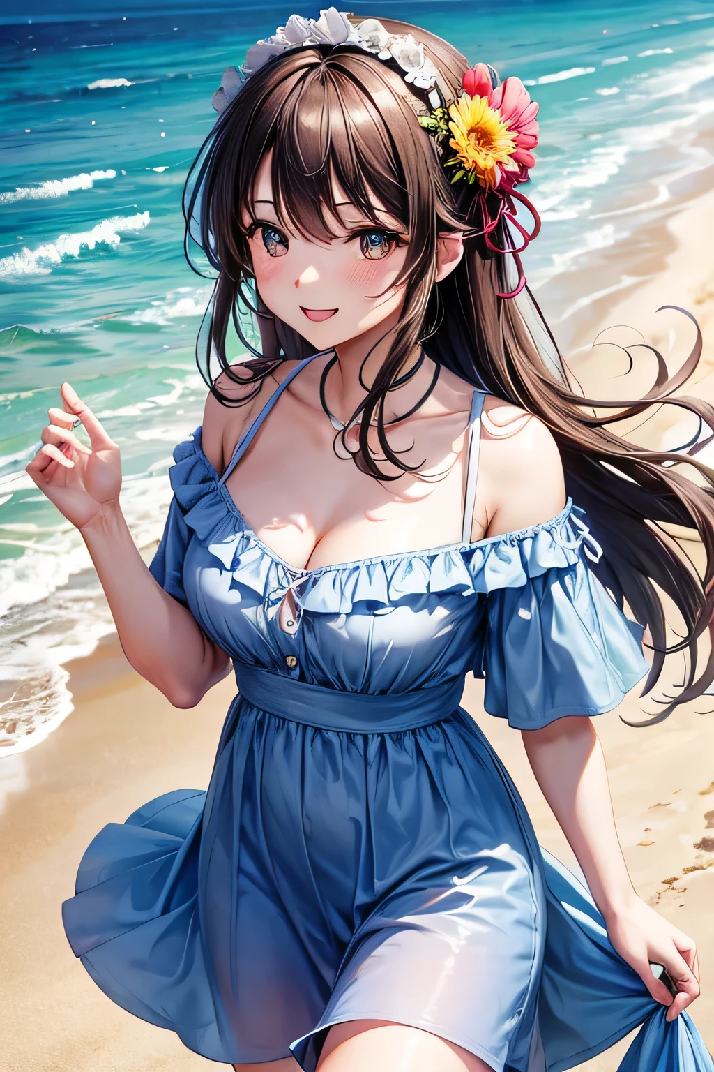 Hollow eyes、smile、Beautiful woman playing on the beach in off-shoulder clothes