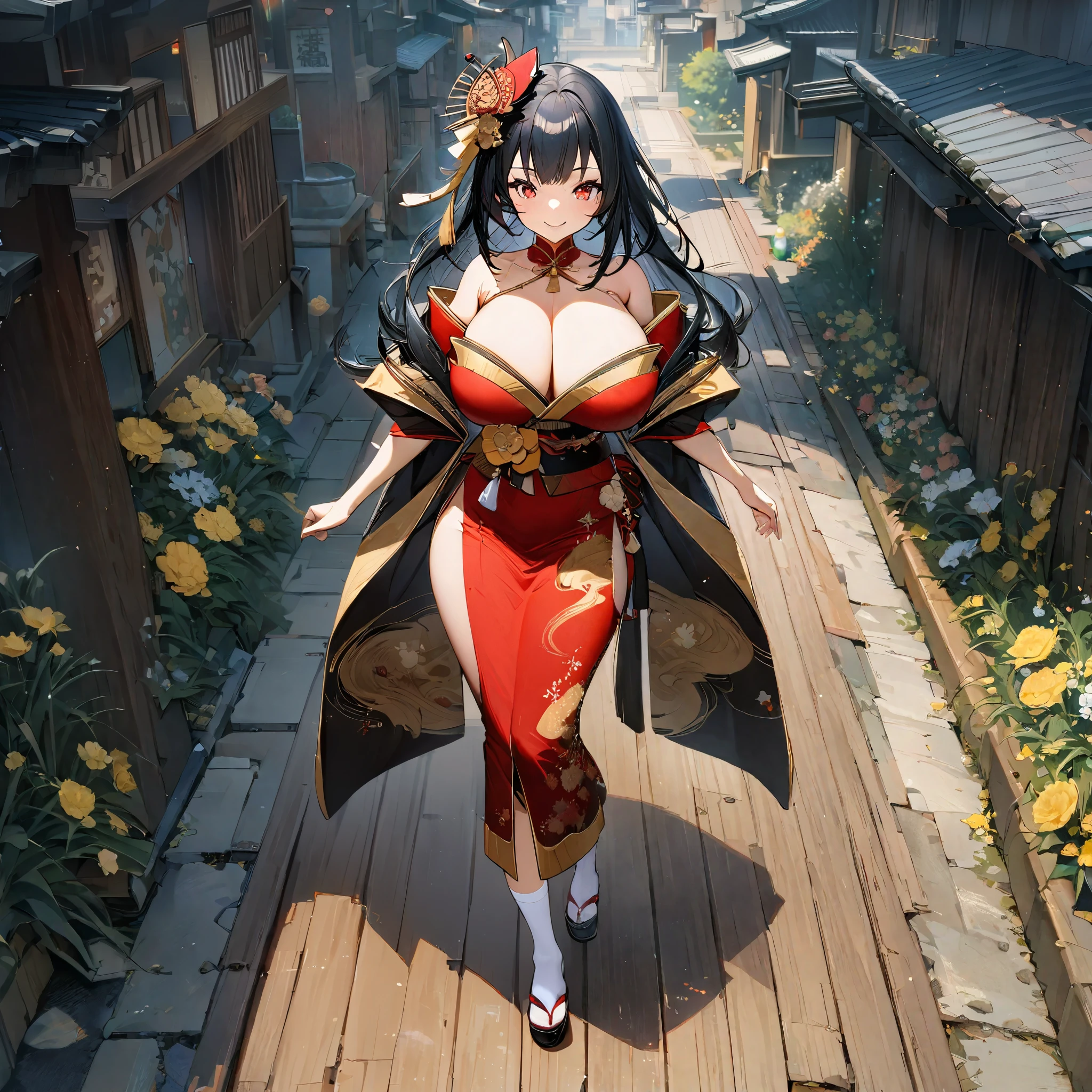 Woman wearing red geisha outfit with yellow flower designs, golden accessories in her hair, long black hair, red eyes, smiling, big breasts, white socks, black wooden shoes, walking on a wooden sidewalk. concrete in a traditional Japanese neighborhood, sakura in some parts, entire body. HD, bloom, very detailed, well defined, ultra resolution, surrealism,