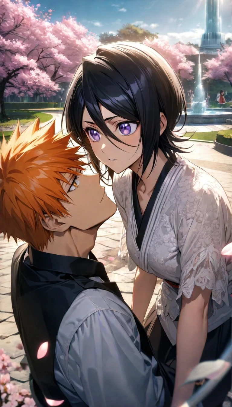 absurdres, highres, ultra detailed, HDR, master piece, best quality, extremely detailed face and eyes, Kurosaki Ichigo, orange hair, expressive brown eyes, Bleach, Kuchiki Rukia, black hair, short hair, expressive purple eyes, a handsome man together with a beautiful woman, couple, pink flowers, park, cherry blossom, fountain
