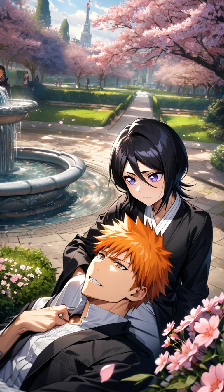absurdres, highres, ultra detailed, HDR, master piece, best quality, extremely detailed face and eyes, Kurosaki Ichigo, orange hair, expressive brown eyes, Bleach, Kuchiki Rukia, black hair, short hair, expressive purple eyes, a handsome man together with a beautiful woman, couple, pink flowers, park, cherry blossom, fountain