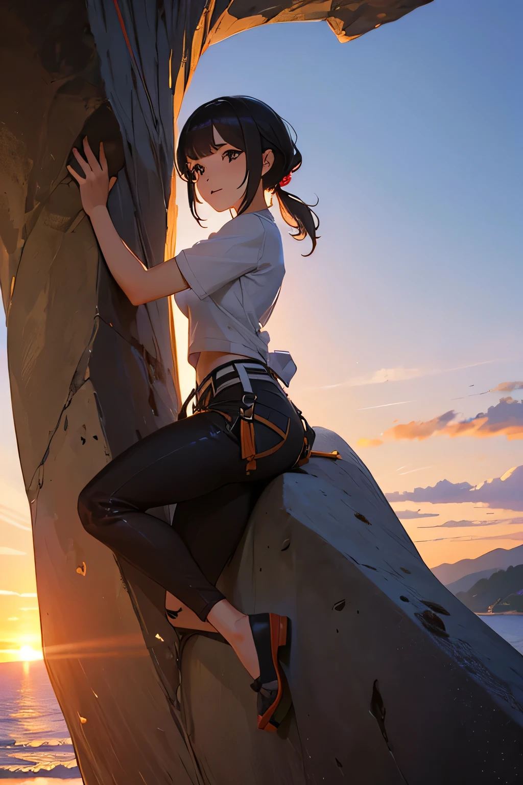 highest quality、High resolution、Detailed Background、(Beautiful face in every detail:1.4)、Anatomically correct、(Draw the usual number of fingers:1.2)、(Detailed facial expressions)、(Detailed eyes:1.2)、(Detailed eyes:1.2)、Beautiful, smooth skin、Teenage beauty、(Highly detailed face:1.4)、Cute color hair color、ponytail、Bobcut、well-groomed eyebrows、Cowboy Shot、
(Beautiful girl climbing in nature:1.5)、
Enjoy climbing while feeling the breeze under the blue sky、Mountain々Enjoy bouldering in the beautiful valleys and gorges that stretch between、
Enjoy rock climbing on the rocks and cliffs near the sea、The ocean views from the cliffs are particularly spectacular.、
Enjoy climbing at sunrise or sunset、The sunset time creates a romantic atmosphere.、
Trees in a natural forest々Enjoy bouldering on the rocks.、You can enjoy colorful and beautiful scenery.