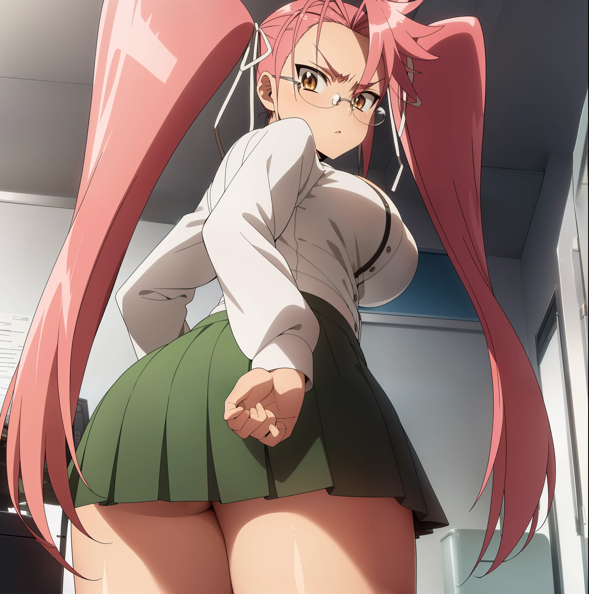 1 girl, alone, saya takagi, long hair, ribbon, two pigtails, (brown eyes: 1.5), hair ribbon, pink hair, glasses, skirt, shirt, white shirt, pleated skirt, collared shirt, neckline, sweater , gray skirt, ribbon, red ribbon, black sweater, looking at viewer, standing, leaning forward, arms behind back, angry, pov(from below), indoors, classroom, large breasts, medium waist, wide hips, medium thighs, round butt, (masterpiece: 1.2), best quality, high resolution, unity 8k wallpaper, (illustration: 0.8), ( beautiful detailed eyes: 1.6), extremely detailed face, perfect lighting, CG extremely detailed (perfect hands, perfect anatomy),