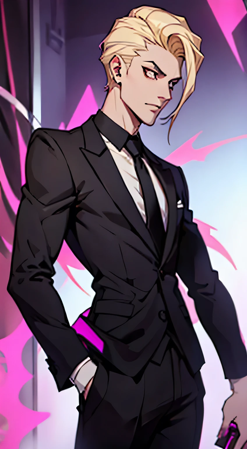 Hazbin Hotel Male Lilith, demon, tall, blonde, black suit, necktie, handsome, 1male, 1guy