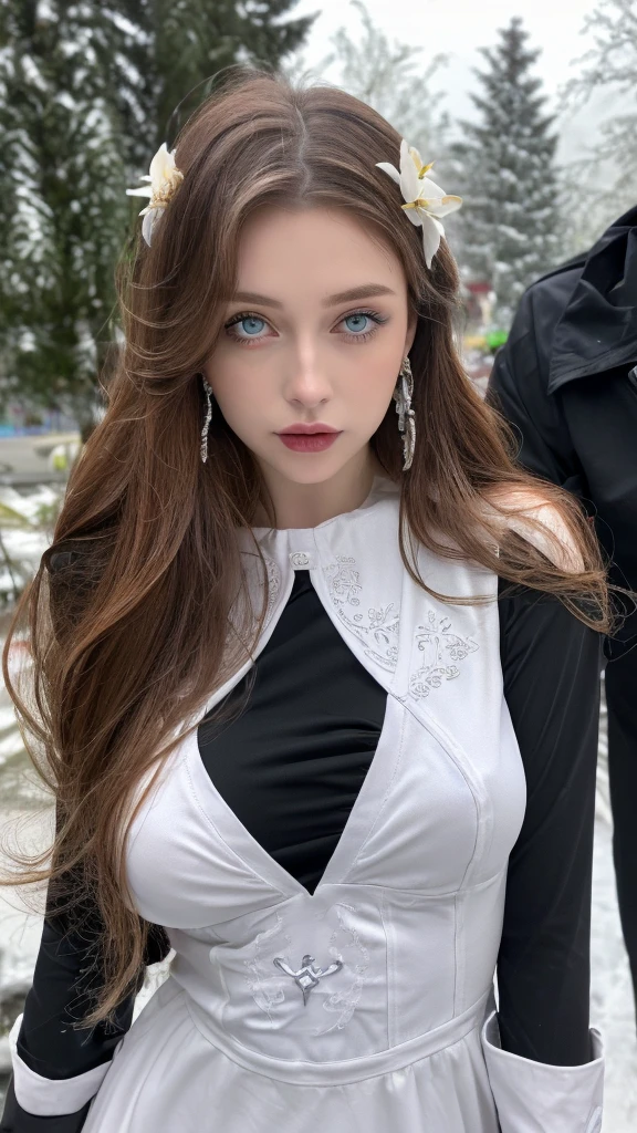 1 miniature Beautiful beautiful woman - Yuan Sayuki, ((top quality, 8K, Masterpiece:1.retty woman, 1 woman, huge breasts:1.3, a slim body:1.1, lush GINGER long hair with 2 buns, (shower, wet body, wet clothes:1.1), very detailed face, detailed lips, detailed eyes, double eyelids, Detailed blue eyes, чрезвычайно Detailed Outstanding Blue Eyes, long GINGER wet hair, GINGER wet hair, Detailed Outstanding Blue Eyes, innocent look at the viewer, very wet wavy white hair, Detailed Outstanding Blue Eyes, huge cross earrings, Outdoors, badges behind, gothic maid uniform,  sexy maid dress, bare chest, huge chest tattoo, detailed huge catholic cross earrings, chest tattoo, Outside, wear a silver cross (Detailed cross shape), reality mode, wet breasts, black necklace, human crowd behind, black latex gloves, hair of white snowy colour, night time, red neon lights, demonic nun, nimbus (golden lighting ring above her head), angel, snowy weather, sexy pose, white lingerie, black maid dress, detailed flower wreath made of different colours, open chest