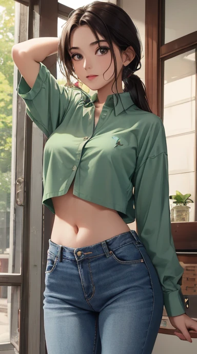 In university, girl in green crop top button shirt, blue jean, showing navel