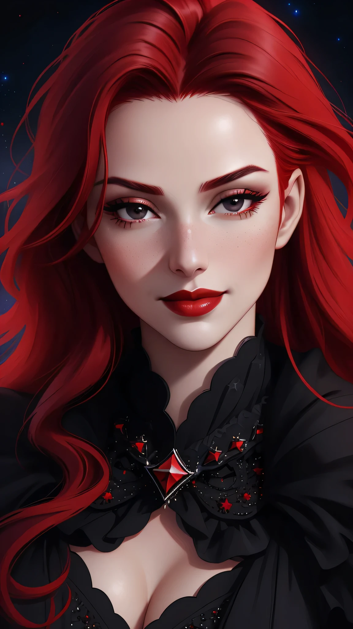face close up, portrait shot, ((vivid red hair)), mature woman, 30 years old, diamond face, red starry sky background, depth of field, magic, big red lips, ((dark and black eyes)) black and red long and full dress, covered chest, mystical atmosphere, ominous shadows, Intense blue aura, Intense red aura (best quality:1.2), absurdres, intricate details, (highly detailed skin:1.2), smile expression, posing, taut and well defined body, attractive. Highly realistic, pale skin, beautiful, hyperrealism, skin very elaborated, direct gaze,