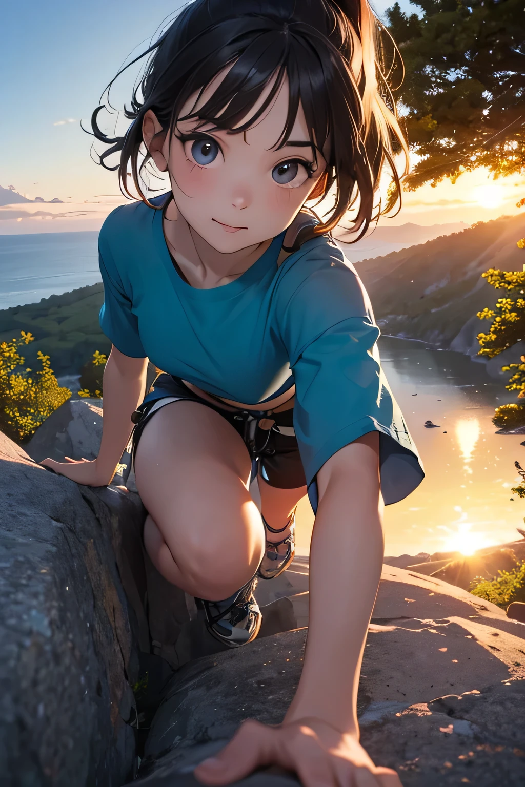 highest quality、High resolution、Detailed Background、(Beautiful face in every detail:1.4)、Anatomically correct、(Draw the usual number of fingers:1.2)、(Detailed facial expressions)、(Detailed eyes:1.2)、(Detailed eyes:1.2)、Beautiful, smooth skin、age beauty、(Highly detailed face:1.4)、Cute color hair color、ponytail、Bobcut、well-groomed eyebrows、Cowboy Shot、
(Beautiful girl climbing in nature:1.5)、
Enjoy climbing while feeling the breeze under the blue sky、Mountain々Enjoy bouldering in the beautiful valleys and gorges that stretch between、
Enjoy rock climbing on the rocks and cliffs near the sea、The ocean views from the cliffs are particularly spectacular.、
Enjoy climbing at sunrise or sunset、The sunset time creates a romantic atmosphere.、
Trees in a natural forest々Enjoy bouldering on the rocks.、You can enjoy colorful and beautiful scenery.