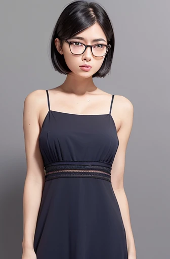 (masterpiece), (8k, best quality, high resolution), (ultra-detailed, realistic), (anatomically correct),
((full body image)), (Standing), (No background),
(1woman), (looking at viewer),
(A Japanese woman, 30 years old and 155cm tall.),
(black hair), (straight hair), (short hair style), (bob cut), (hair behind ears),
(wear glasses), ((black cell frame glasses)),
((Wear a navy blue spaghetti strap dress)), (Mini length dress with simple design),
(Create a detailed image of the eye),
(Her impression is pure, clean and kind.),
