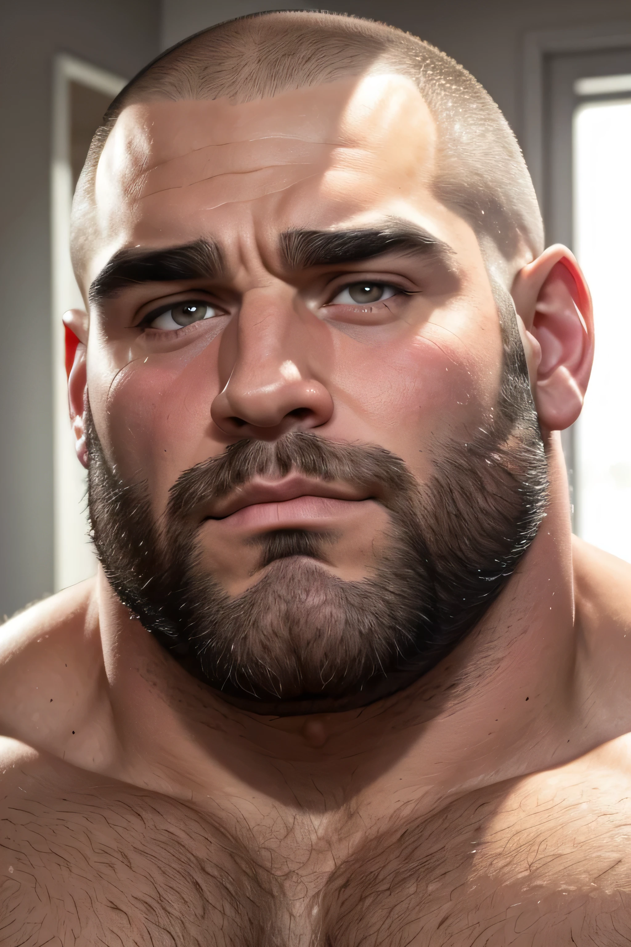 (8k. hyper- realistic. high definition) Bald daddy. very handsome. Caucasian. Muscular. Very obese. very hairy body. Very hairy chest. big gray eyes. Very thick eyebrows. pouted lips. frowning. he is blushing intensely. feverish. facing the camera. hands akimbo.