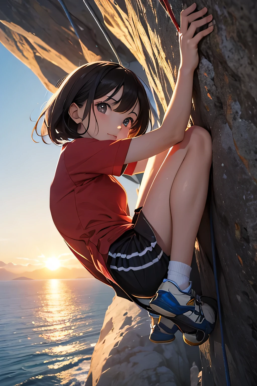 highest quality、High resolution、Detailed Background、(Beautiful face in every detail:1.4)、Anatomically correct、(Draw the usual number of fingers:1.2)、(Detailed facial expressions)、(Detailed eyes:1.2)、(Detailed eyes:1.2)、Beautiful, smooth skin、Teenage beauty、(Highly detailed face:1.4)、Cute color hair color、ponytail、Bobcut、well-groomed eyebrows、Cowboy Shot、
(Beautiful girl climbing in nature:1.5)、
Enjoy climbing while feeling the breeze under the blue sky、Mountain々Enjoy bouldering in the beautiful valleys and gorges that stretch between、
Enjoy rock climbing on the rocks and cliffs near the sea、The ocean views from the cliffs are particularly spectacular.、
Enjoy climbing at sunrise or sunset、The sunset time creates a romantic atmosphere.、
Trees in a natural forest々Enjoy bouldering on the rocks.、You can enjoy colorful and beautiful scenery.