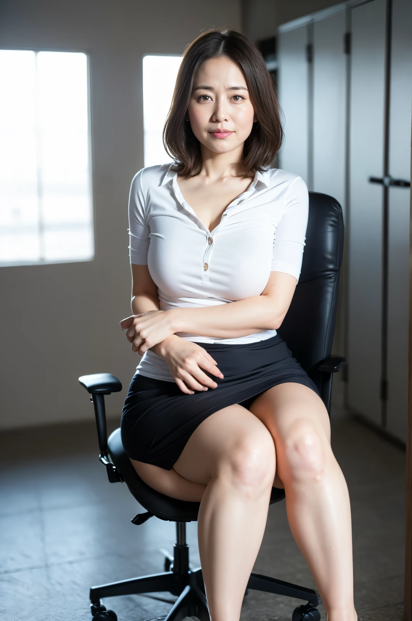 ​masterpiece, Better Quality, hight resolution, ((Photorealsitic:1.4, Raw photography, ultra high resolution,Top image quality)), ((full body 1.5, portrait:1.2)), 1Milf sitting on office chair, wearing business suit, curvy shape0.5, very detailed and professional lighting, (cute facial expressions), ((thick thigh:0.75, thigh visible)),