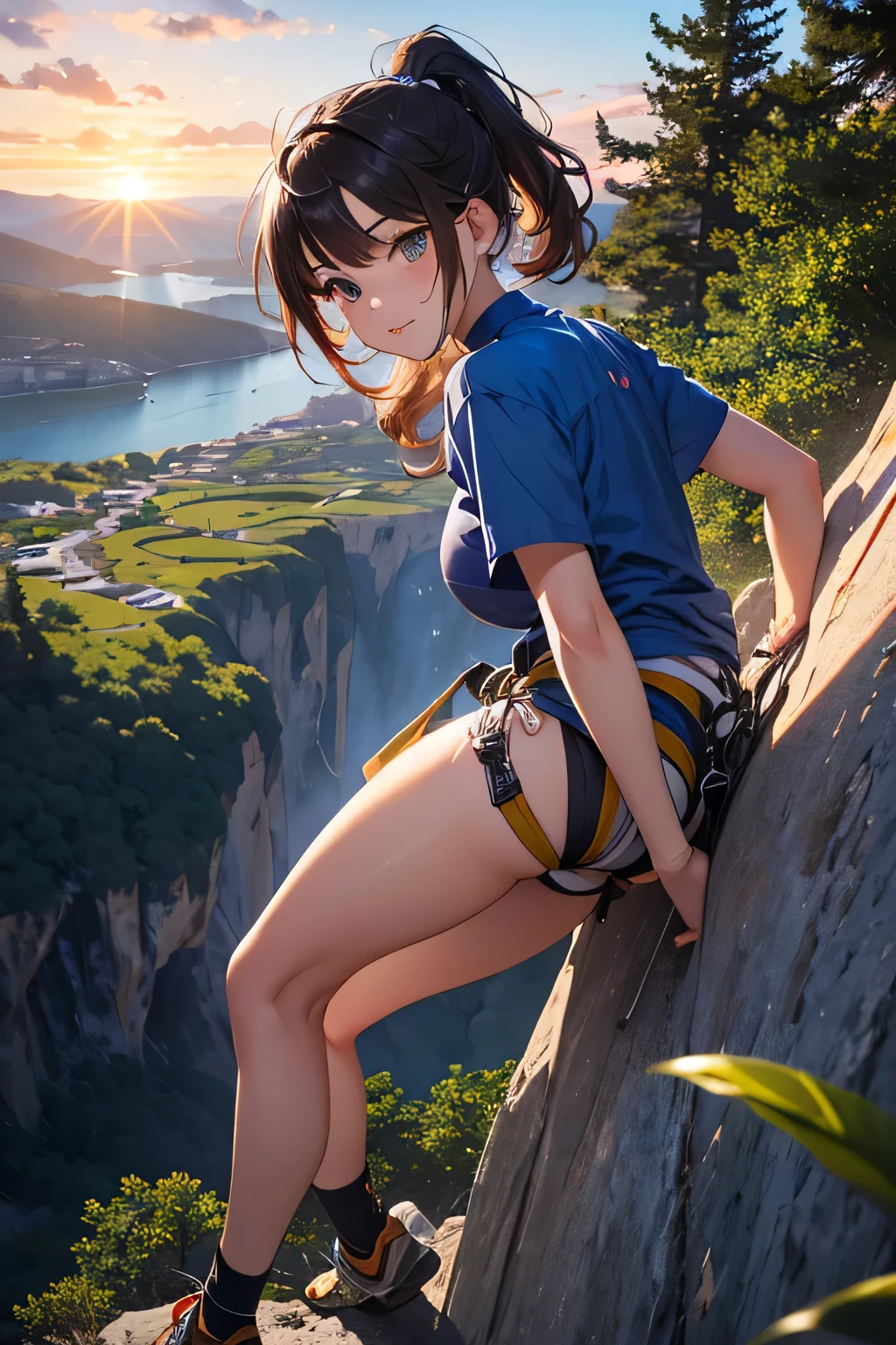 highest quality、High resolution、Detailed Background、(Beautiful face in every detail:1.4)、Anatomically correct、(Draw the usual number of fingers:1.2)、(Detailed facial expressions)、(Detailed eyes:1.2)、(Detailed eyes:1.2)、Beautiful, smooth skin、Teenage beauty、(Highly detailed face:1.4)、Cute color hair color、ponytail、Bobcut、well-groomed eyebrows、Cowboy Shot、

(Beautiful girl climbing in nature:1.5)、

Enjoy climbing while feeling the breeze under the blue sky、Mountain々Enjoy bouldering in the beautiful valleys and gorges that stretch between、
Enjoy rock climbing on the rocks and cliffs near the sea、The ocean views from the cliffs are particularly spectacular.、
Enjoy climbing at sunrise or sunset、The sunset time creates a romantic atmosphere.、
Trees in a natural forest々Enjoy bouldering on the rocks.、You can enjoy colorful and beautiful scenery.