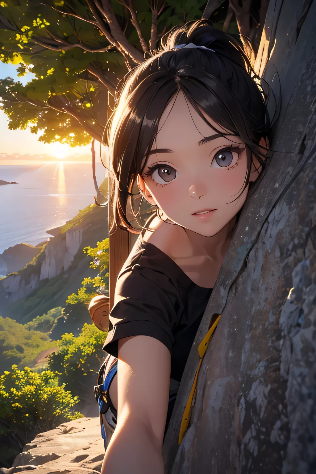 highest quality、High resolution、Detailed Background、(Beautiful face in every detail:1.4)、Anatomically correct、(Draw the usual number of fingers:1.2)、(Detailed facial expressions)、(Detailed eyes:1.2)、(Detailed eyes:1.2)、Beautiful, smooth skin、age beauty、(Highly detailed face:1.4)、Cute color hair color、ponytail、Bobcut、well-groomed eyebrows、Cowboy Shot、
(Beautiful girl climbing in nature:1.5)、
Enjoy climbing while feeling the breeze under the blue sky、Mountain々Enjoy bouldering in the beautiful valleys and gorges that stretch between、
Enjoy rock climbing on the rocks and cliffs near the sea、The ocean views from the cliffs are particularly spectacular.、
Enjoy climbing at sunrise or sunset、The sunset time creates a romantic atmosphere.、
Trees in a natural forest々Enjoy bouldering on the rocks.、You can enjoy colorful and beautiful scenery.
