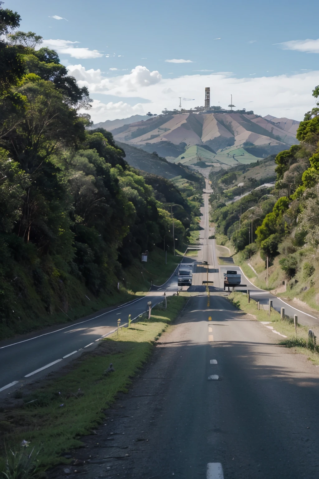 estrada de excelente qualidade em dia ensolarado, no caminho de um lado lindas montanhas arborizadas, do outro lado lindos campos, no fundo uma cidade formato paisagem