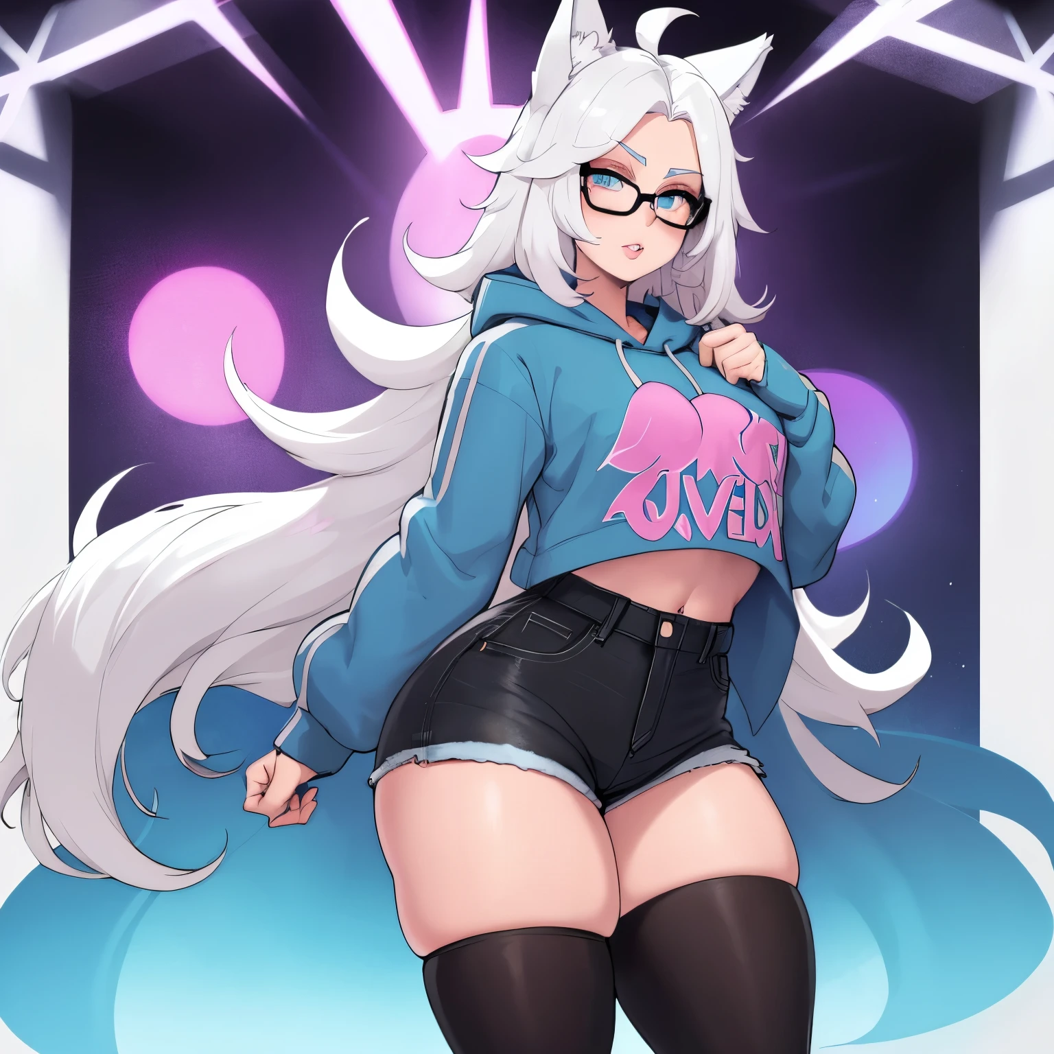 Single boy, Anime boy, Short, Long white hair, wolf ears, wolf tail, blue eyes, wearing short denim shorts, thigh high fishnets, black combat boots, oversized cropped hoodie, flat chest, super flat chest, solo femboy, only one femboy ((FLAT CHEST)) solo, alone, (SOLO)(ALONE) thicc thighs, wide hips, blue eyes, perfect eyes, perfect face, wearing pink lip gloss, happy, curvy, sparkly blue eyes, wearing large round glasses, bent over, showing butt, from behind