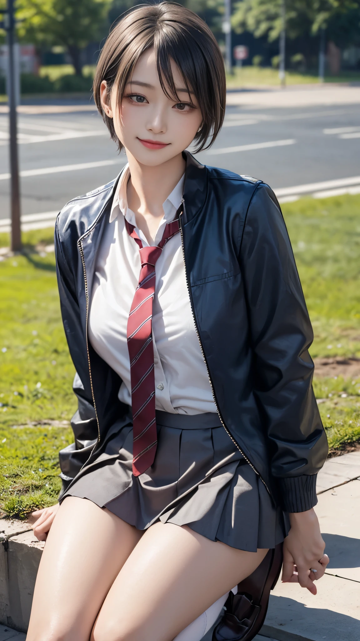 (masterpiece:1.2, top-quality), (realistic, photorealistic:1.4), beautiful illustration, (natural side lighting, movie lighting), nsfw,
looking at viewer, cowboy shot, front view:0.6, 1 girl, japanese, high school girl, perfect face, cute and symmetrical face, shiny skin,
(short hair:1.5, pixie cut:1.4, blond hair), bangs pinned back, red eyes, long eye lasher, (large breasts:0.6, thick thighs),
beautiful hair, beautiful face, beautiful detailed eyes, beautiful clavicle, beautiful body, beautiful chest, beautiful thigh, beautiful legs, beautiful fingers,
(((navy jacket), white collared shirts, grey pleated mini skirt, navy socks, brown loafer, red tie)),
(beautiful scenery), evening, riverside, standing, wave hands, (half-closed eye, lovely smile, upper eyes),