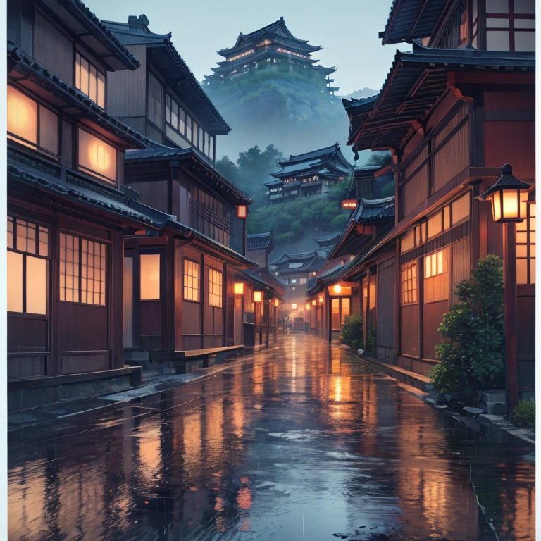 ((masterpiece)), (highest quality), (detailed), (One girl), A view of the village with many lights on the buildings, Dreamy city in China, Chinese Village, Awesome Wallpapers, Japanese Town, Japanese Village, 超リアルな町のphotograph, Old Asian Village, Japanese cities, Raymond Han, Rainy night, Cyberpunk Chinese Ancient Castle, beautifully照らされた建物, Rainy Evening, beautifully、aesthetic, photograph, Cinematic, 8k, High resolution ((heavy rain)))