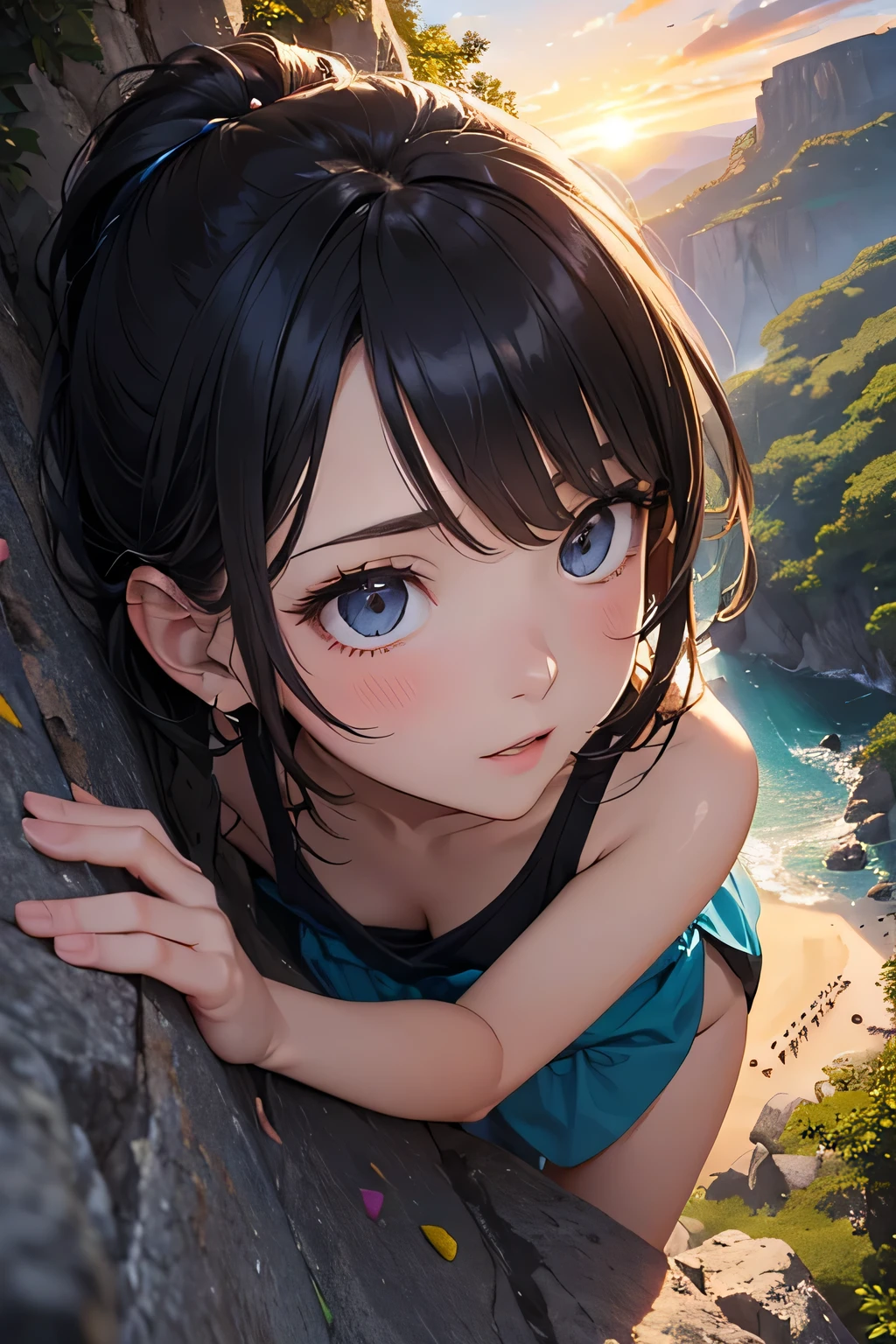 highest quality、High resolution、Detailed Background、(Beautiful face in every detail:1.4)、Anatomically correct、(Draw the usual number of fingers:1.2)、(Detailed facial expressions)、(Detailed eyes:1.2)、(Detailed eyes:1.2)、Beautiful, smooth skin、age beauty、(Highly detailed face:1.4)、Cute color hair color、ponytail、Bobcut、well-groomed eyebrows、Cowboy Shot、

(Beautiful girl climbing in nature:1.5)、

Enjoy climbing while feeling the breeze under the blue sky、Mountain々Enjoy bouldering in the beautiful valleys and gorges that stretch between、
Enjoy rock climbing on the rocks and cliffs near the sea、The ocean views from the cliffs are particularly spectacular.、
Enjoy climbing at sunrise or sunset、The sunset time creates a romantic atmosphere.、
Trees in a natural forest々Enjoy bouldering on the rocks.、You can enjoy colorful and beautiful scenery.