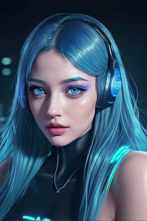 A girl with beautiful detailed eyes and lips, extremely detailed eyes and face, long eyelashes, and super extra big tits in a cyberpunk setting. The artwork should have the best quality, preferably in 4k, 8k, or high-resolution format, with a realistic and photorealistic style enhanced by studio lighting and physically-based rendering. The colors should be vivid, and the girl should have bright neon hair and makeup. She should also have body piercings and tattoos, and be wearing jewelry with built-in LED lights. Additionally, she should be seen wearing a headset communication device.