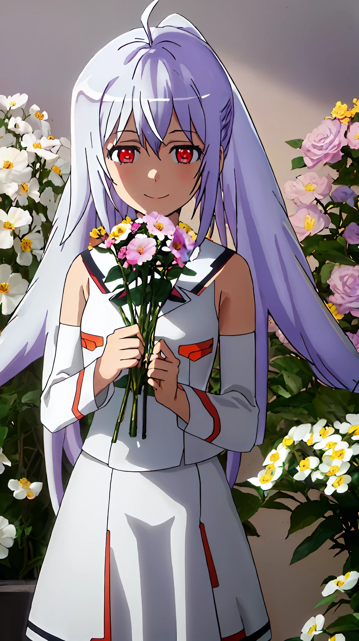 best quality, masterpiece, highres, solo, {isla_plasticmemories:0.90}, 1girl smile  (holding a flowers viewing it to the viewer: 1.5) 